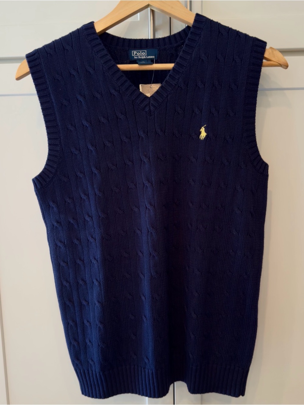 Polo by Ralph Lauren Navy Cable Knit V-Neck Sweater Vest with Yellow Pony